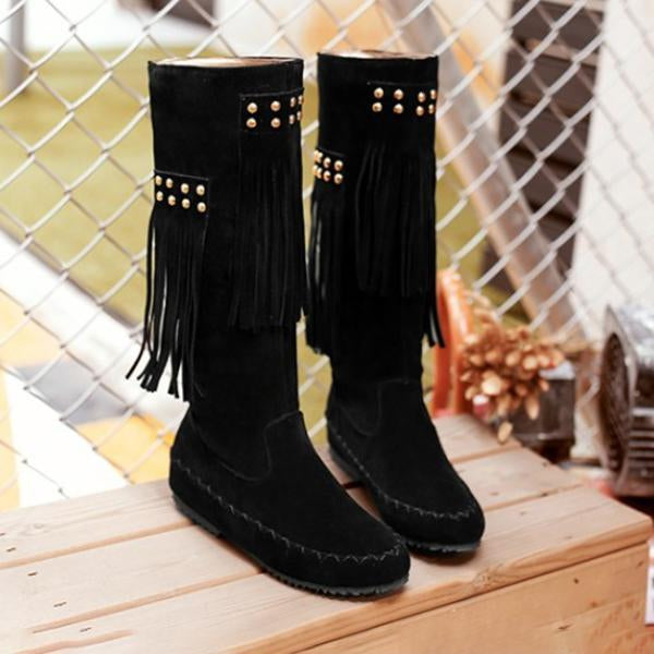 Women's Retro Casual Studded Tassel High Boots 57461981S