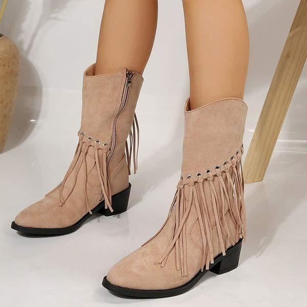 Women's Vintage Fringed Chunky Heel Mid-Calf Boots 37861204C
