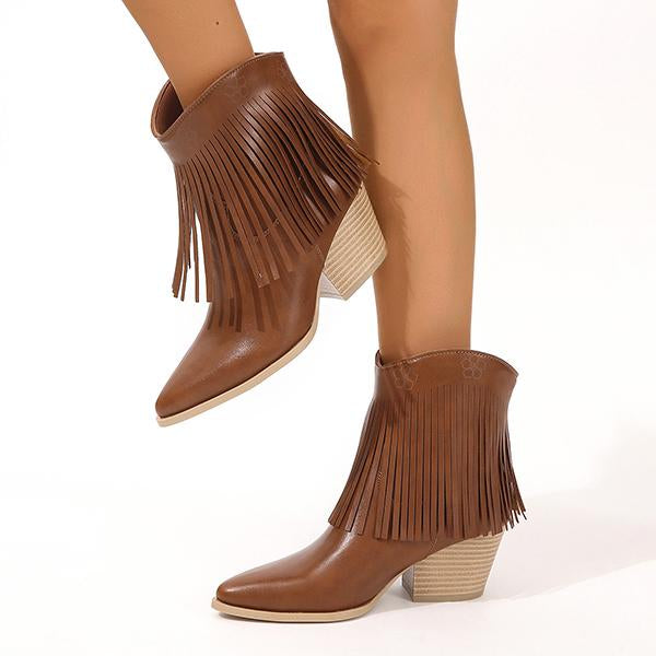 Women's Fashion Tassel Chunky Heel Ankle Boots 04393657S