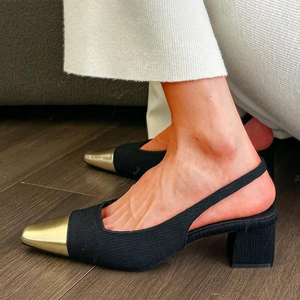 Women's Fashion Retro Square Toe Block Color Chunky Heels 86071368C