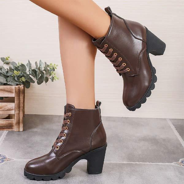 Women's Round-Toe Lace-Up Chunky Heel Ankle Boots 18272925C