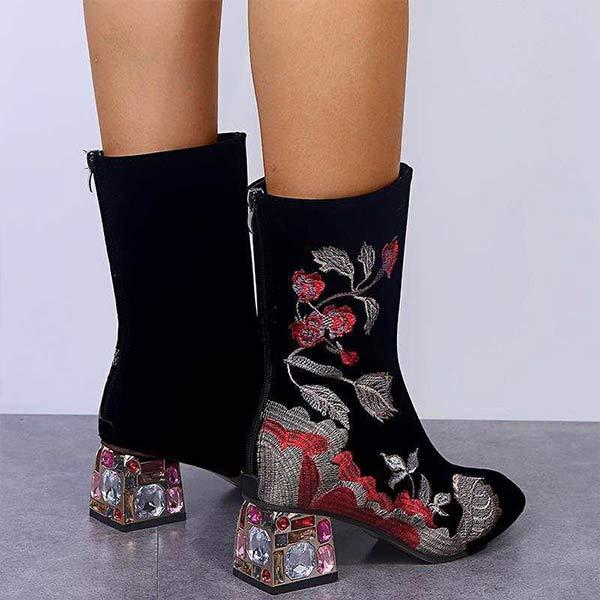 Women's Mid-Calf Fashion Boots with Floral Embroidery 90425393C