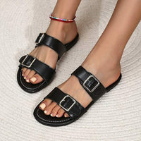 Women's Single-Band Flat Sandals with Solid Color and Belt Buckle Detail 77168318C