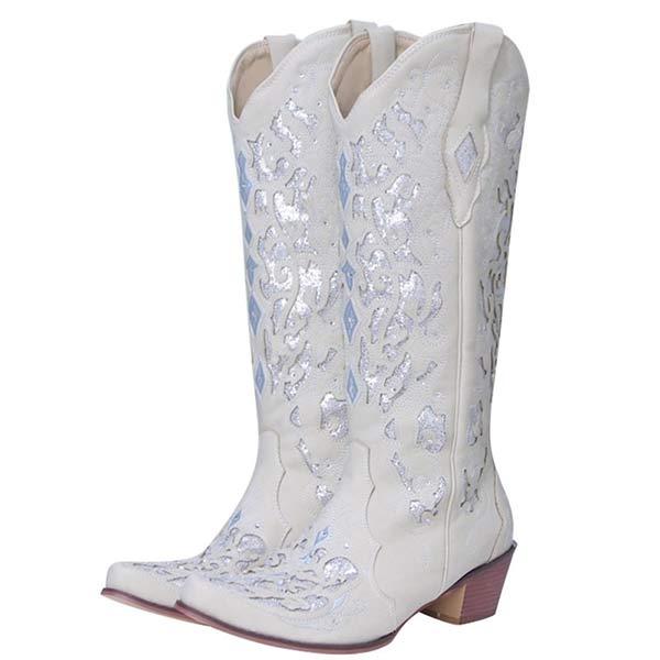 Women's Embroidered Chunky Heel Mid-Calf Boots 84776262C