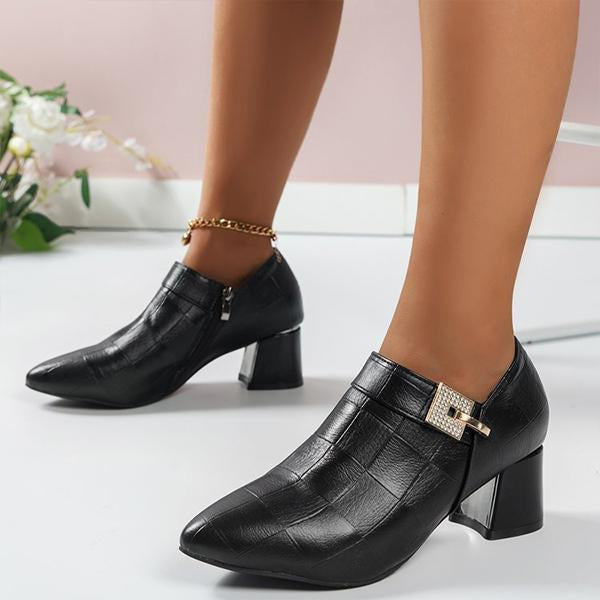 Women's Fashionable Rhinestone Retro Side Zipper Block Heels 33174443S