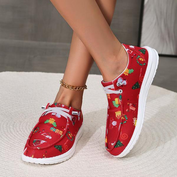 Women's Christmas Printed Casual Lace-Up Flat Canvas Shoes  54217918S