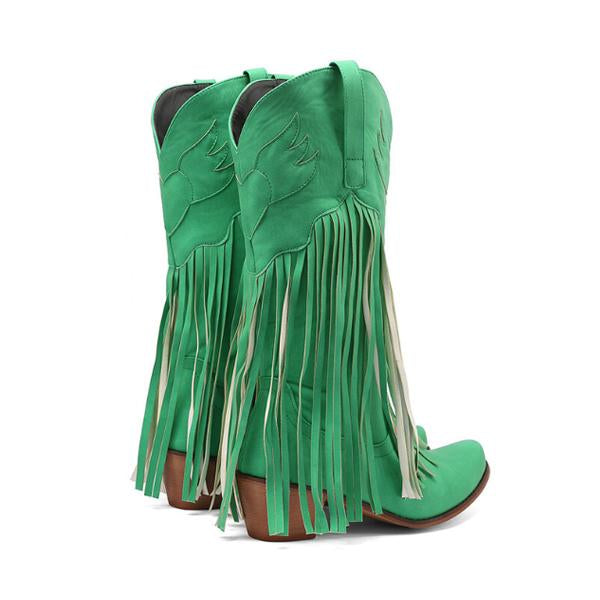 Women's Retro Tassel Chunky High Heel Pointed High Boots 95832601C