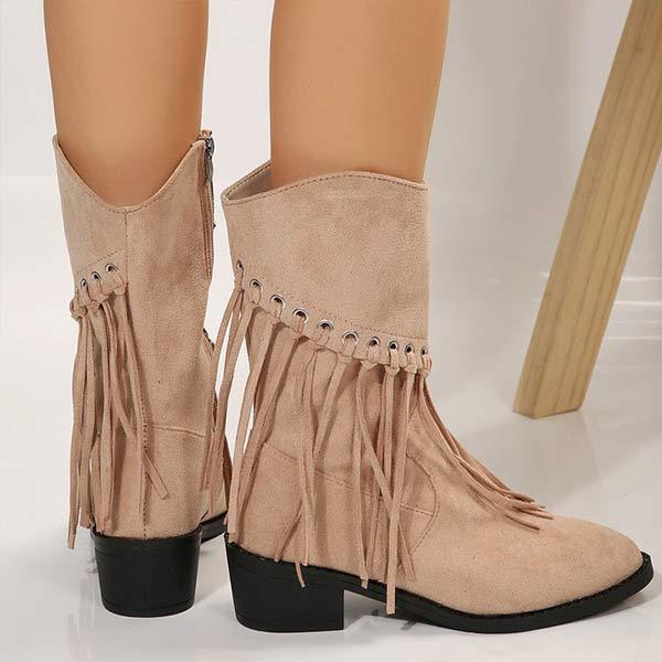 Women's Vintage Fringed Chunky Heel Mid-Calf Boots 37861204C