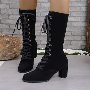Women's Round-Toe Chunky Heel Fashion Boots with Laces 83310184C