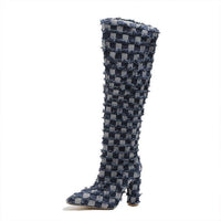 Women's Fashionable Block Heel Plaid Tassel High Boots 17502482S