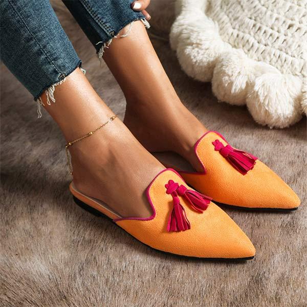 Women's Comfortable Flat Pointed-Toe Mule Slippers with Tassel Accents 89316931C