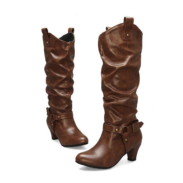 Women's Fashionable Retro Buckle Thick Heel Knee-High Boots 30491551S