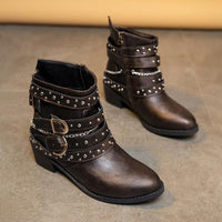 Women's Retro Chain Rivet Buckle Chunky Heel Short Boots 48776453S