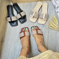 Women's Casual Square Toe Flat Color Block Beach Slippers 28860728S
