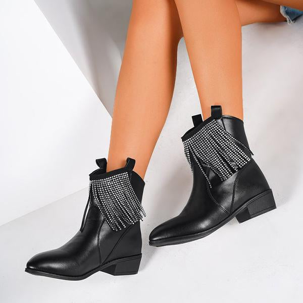 Women's Fashionable Rhinestone Thick Heel Tassel Short Boots 84347122S
