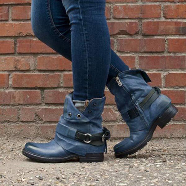 Women's Low Heel Square Heel Metal Accent Side Zipper Ankle Boots 53798741C