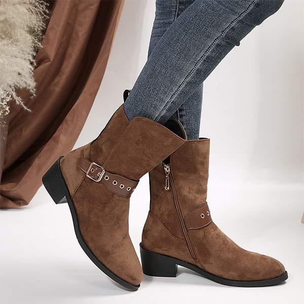 Women's Mid-Calf Boots with Chunky Heel, Studs, and Belt Buckle 98440386C