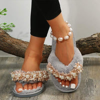 Women's Pearl Floral Toe-Loop Furry Slippers 96530061C