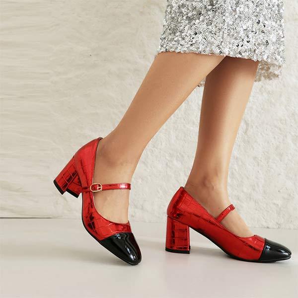 Women's Color-Block Mary Jane Chunky Heel Vintage Single Shoes 56517995C