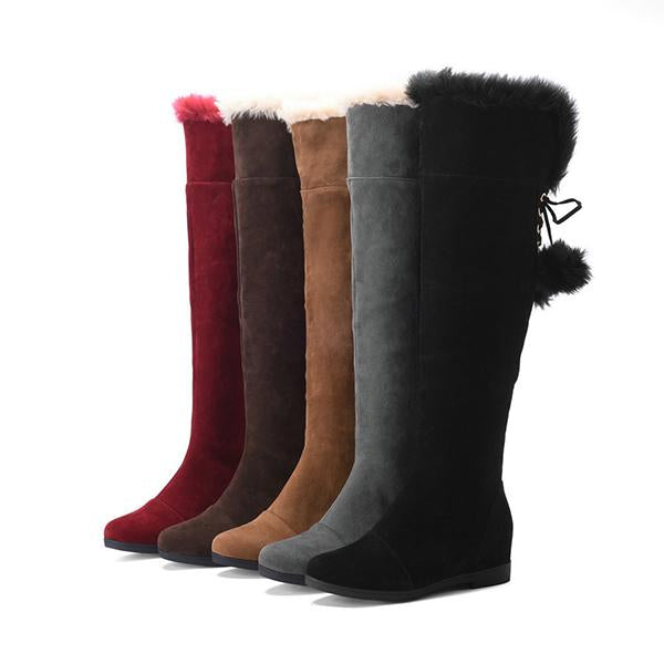 Women's Casual Lace-Up Fur Ball Flat Over-the-Knee Boots 89007423S