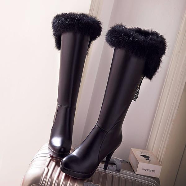 Women's Stylish Fur Collar Stiletto Knee-High Boots 83895807S