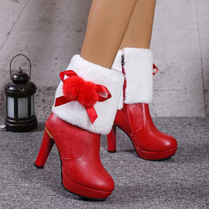 Women's Round Toe High Heel Snow Boots with Plush Lining for Christmas 41426780C