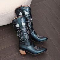 Women's Fashion Carved Heart Embroidered Chunky Heel Boots 42539892S
