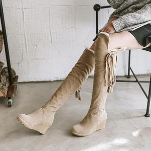 Women's Casual Strappy Tassel Wedge Over-the-Knee Boots 60288726S