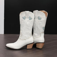 Women's Fashion Carved Heart Embroidered Chunky Heel Boots 42539892S