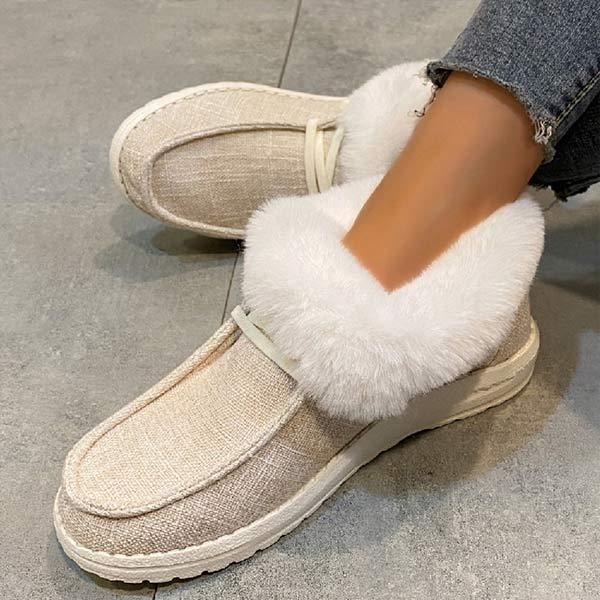 Women's Round-Toe Lace-Up Flat Canvas Shoes with Faux Fur Lining and Folded Edges 17394675C