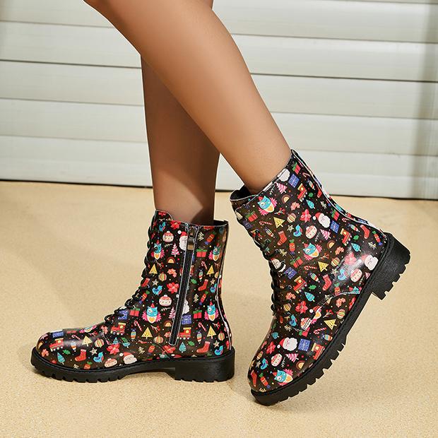Women's Christmas Style Printed Lace-Up Martin Boots 10650307S