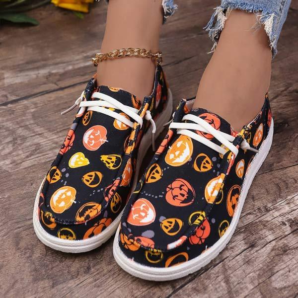 Women's Halloween Canvas Shoes Pumpkin Print Ghost Flat Casual Shoes 01044618C