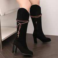 Women's Ethnic Style Strappy Suede Chunky Heel High Boots 28594957S
