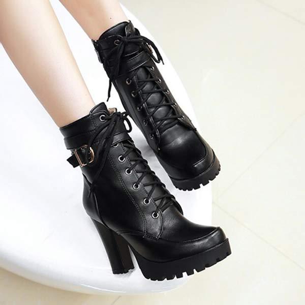 Women's Front Lace-Up Side-Zip Chunky High Heel Ankle Boots 38534323C