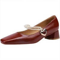 Women's Retro Elegant Pearl Red Mary Jane Shoes 42366422S