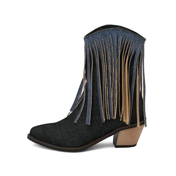 Women's Fashion Casual Tassel Chunky Heel Cowboy Boots 21319385S