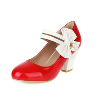 Women'S Retro Color Block Bow Block Heel High Heel Mary Jane Shoes 58727176C