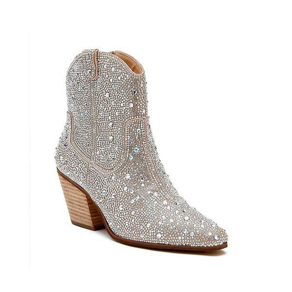 Women'S Pointed Toe Chunky Heel Sequin Hot Drill Booties 72649887C