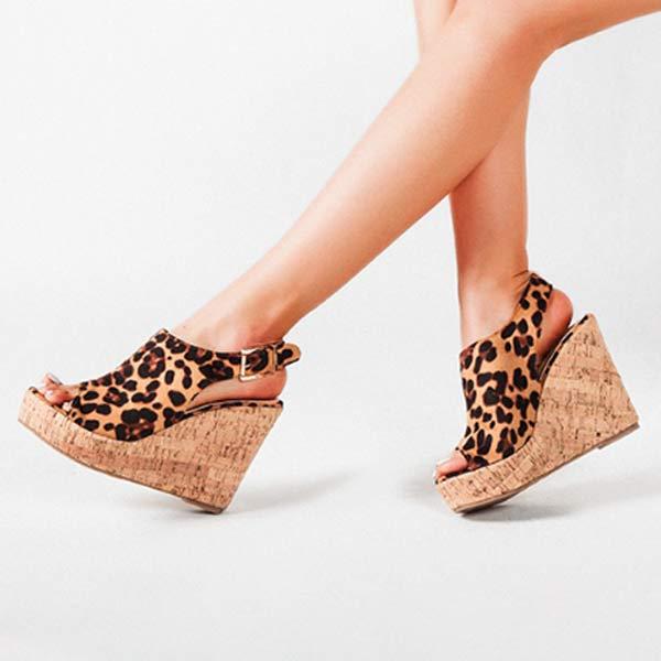 Women'S Wedge Leopard Print Platform Fish Mouth Retro Sandals 67836216C