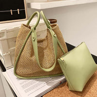 Women's Large Capacity Portable Contrast Straw Tote