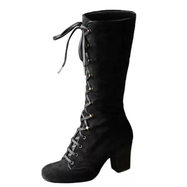 Women'S Square Toe Front Lace Up Chunky Heel Side Zip Boots 80345398