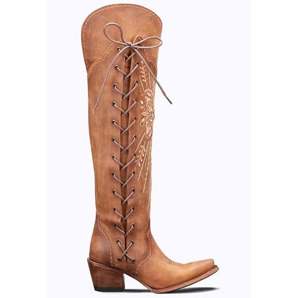 Women'S Side Zip Lace Up Tall Over Embroidery Knee Boots 91269501C