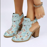 Women'S Chunky Heel Embroidered Buckle Booties 49878522C
