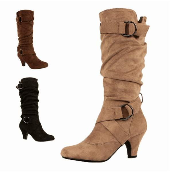 Women'S Suede Round Toe Metal Trim Tall Chunky Heel Boots 07596189C