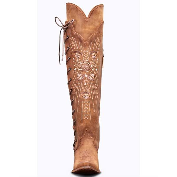 Women'S Side Zip Lace Up Tall Over Embroidery Knee Boots 91269501C