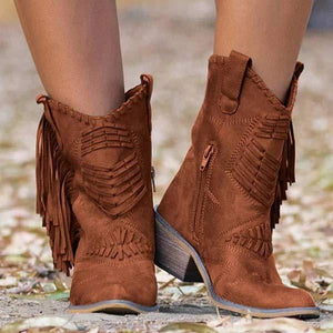 Women'S Chunky Heel Fringe Mid Boots 37321970C