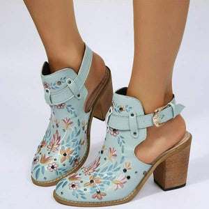 Women'S Chunky Heel Embroidered Buckle Booties 49878522C