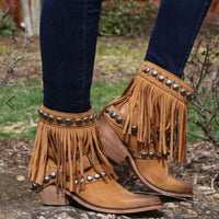Women'S Studded Tassel Chunky Heel Ankle Boots 01257844C