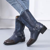 Women'S Embroidered Belt Buckle Mid Cavalier Leather Boots 66970909
