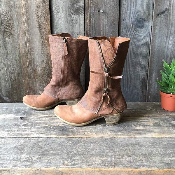 Women'S Medium Chunky Heel Side Zip Leather Boots 75581367C